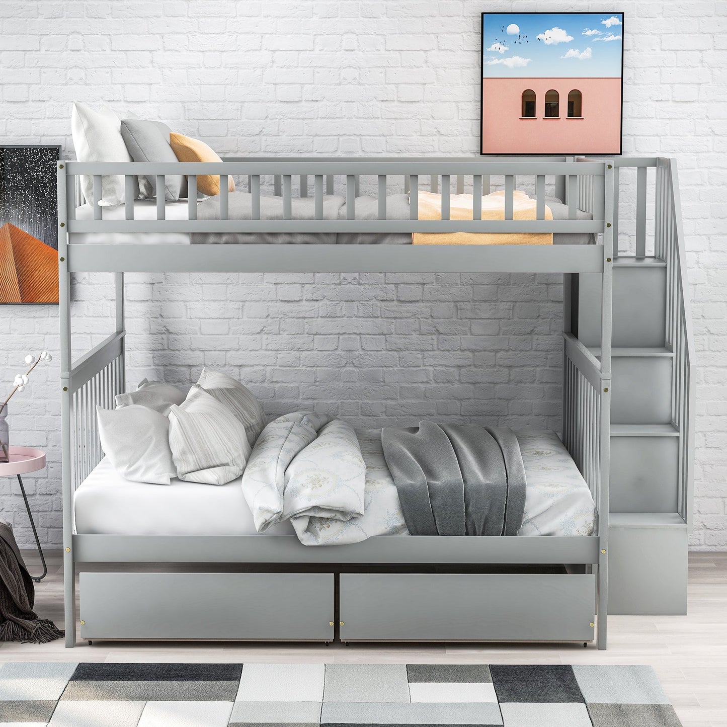 Full-over-Full Bunk Bed with Two Drawers and Storage