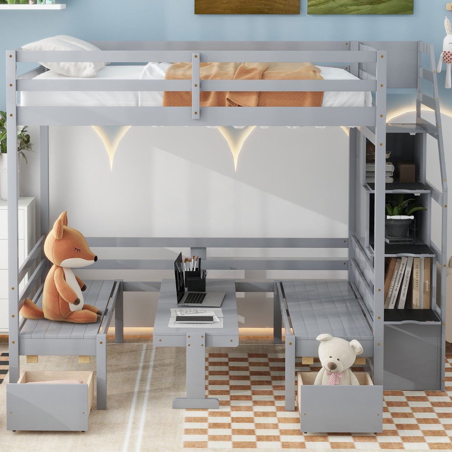 Full over Full Size Bunk with Staircase, the Down Bed can be Convertible to Seats and Table Set