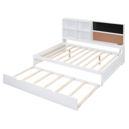 Full Size Daybed with Storage Shelves, Blackboard, Cork Board, USB Ports, and Twin Size Trundle