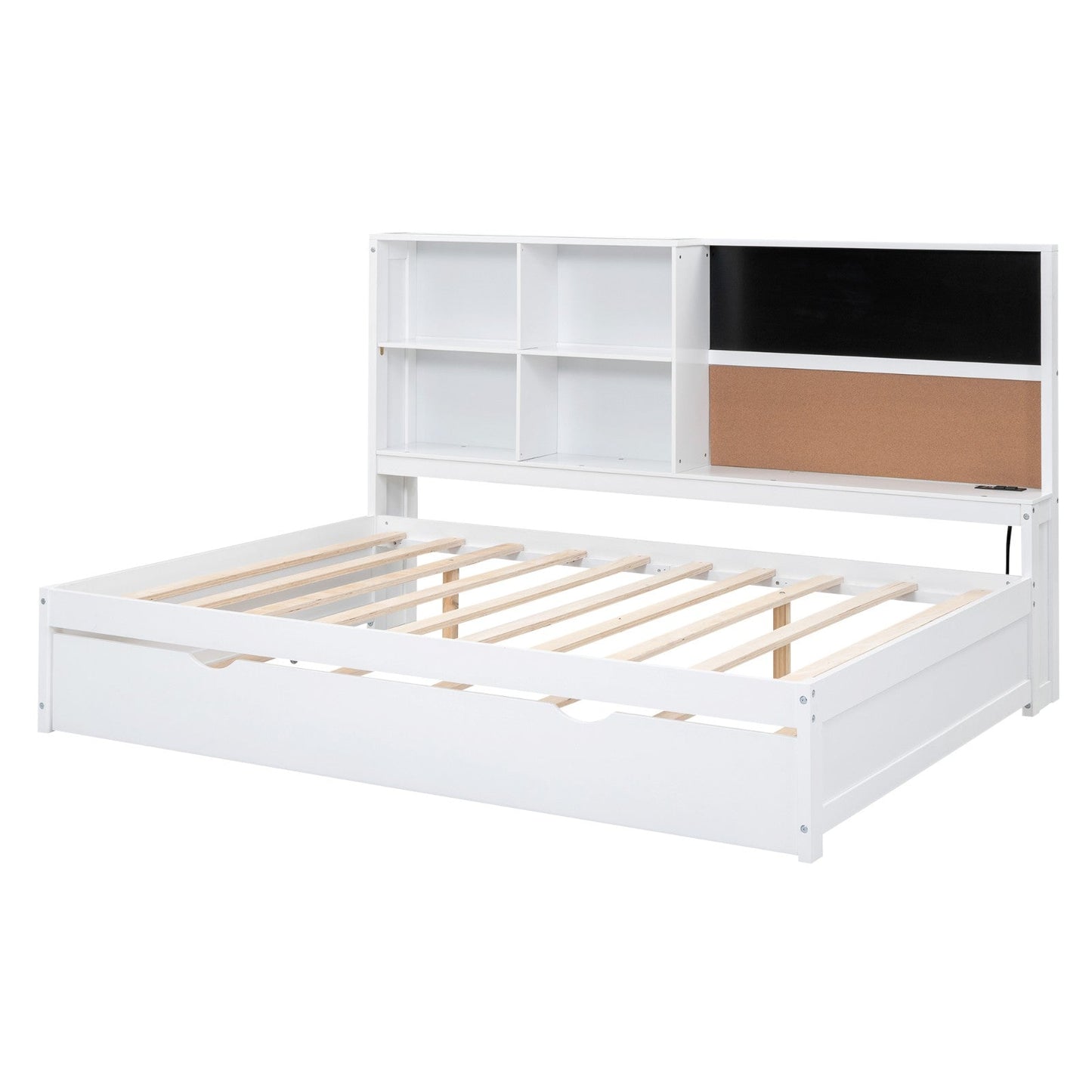 Full Size Daybed with Storage Shelves, Blackboard, Cork Board, USB Ports, and Twin Size Trundle