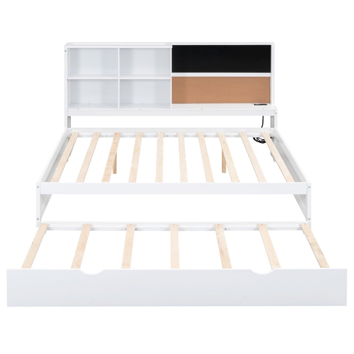 Full Size Daybed with Storage Shelves, Blackboard, Cork Board, USB Ports, and Twin Size Trundle