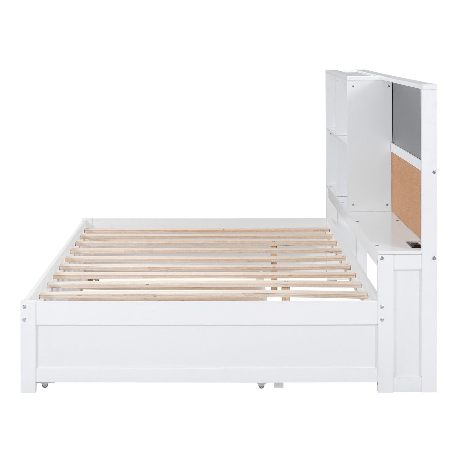 Full Size Daybed with Storage Shelves, Blackboard, Cork Board, USB Ports, and Twin Size Trundle