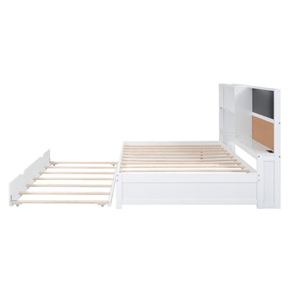 Full Size Daybed with Storage Shelves, Blackboard, Cork Board, USB Ports, and Twin Size Trundle