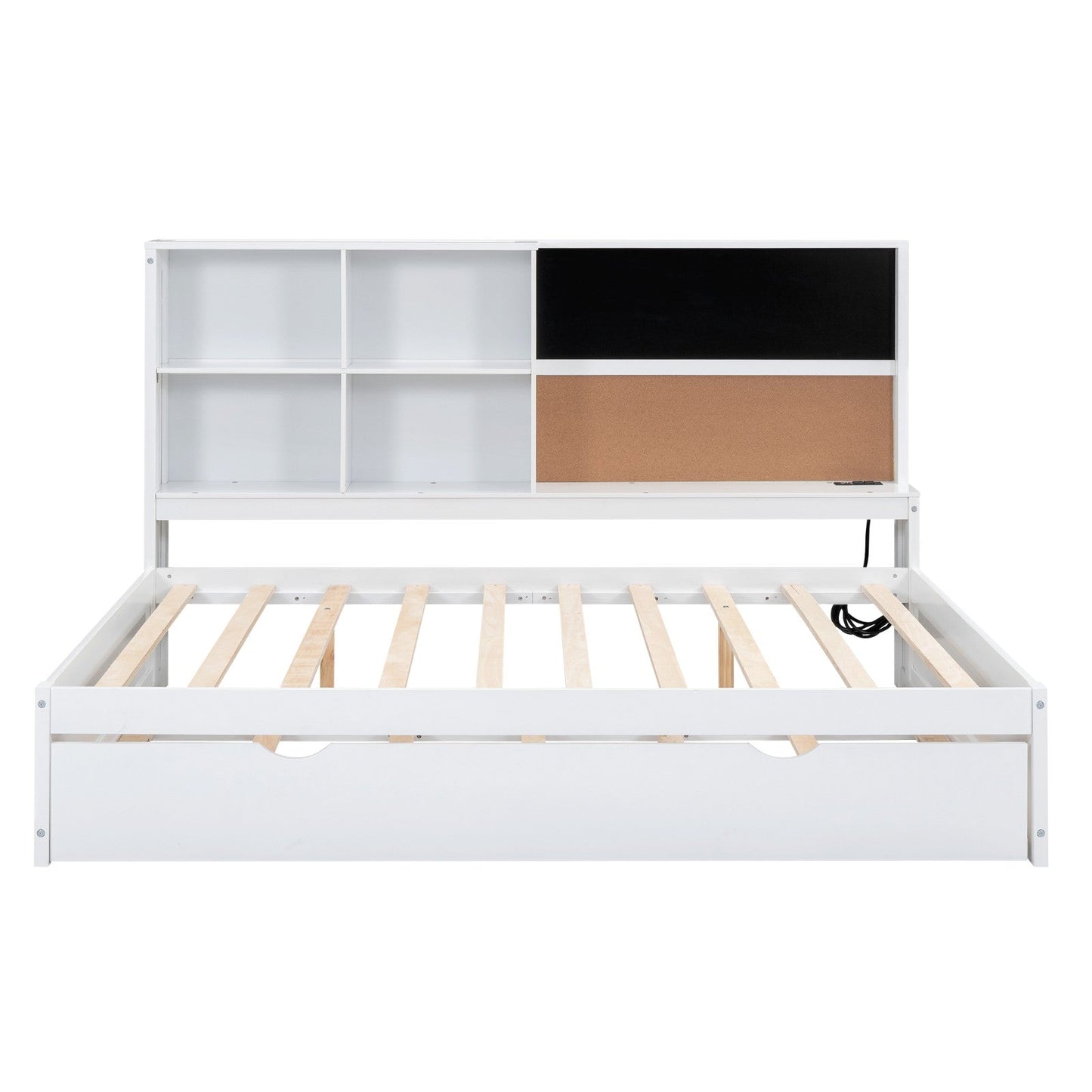 Full Size Daybed with Storage Shelves, Blackboard, Cork Board, USB Ports, and Twin Size Trundle