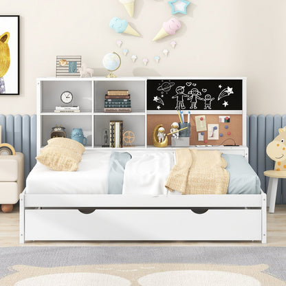 Full Size Daybed with Storage Shelves, Blackboard, Cork Board, USB Ports, and Twin Size Trundle