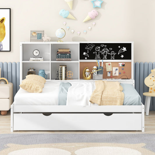 Full Size Daybed with Storage Shelves, Blackboard, Cork Board, USB Ports, and Twin Size Trundle