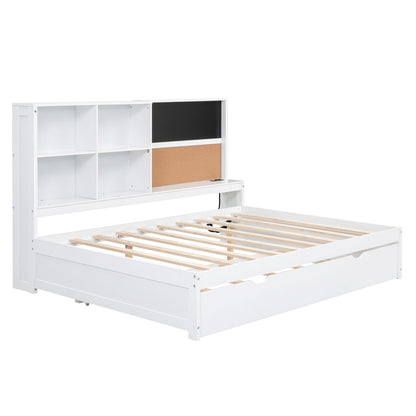 Full Size Daybed with Storage Shelves, Blackboard, Cork Board, USB Ports, and Twin Size Trundle