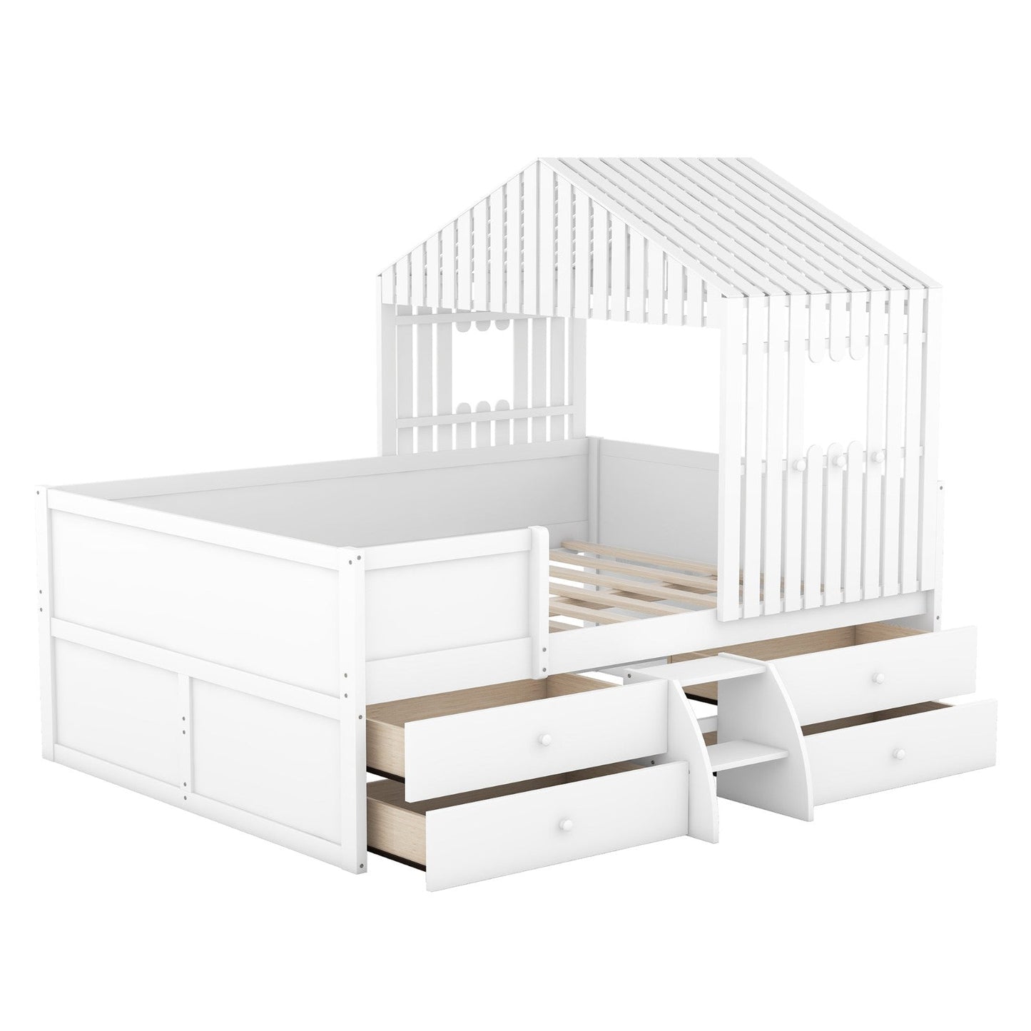 Full Size House Low Loft Bed with Four Drawers