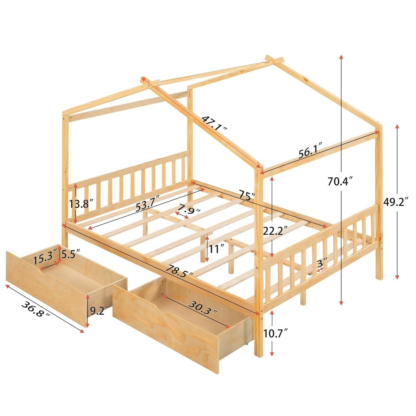 Full-Size House Platform Bed with Two Drawers, Headboard and Footboard Roof Design