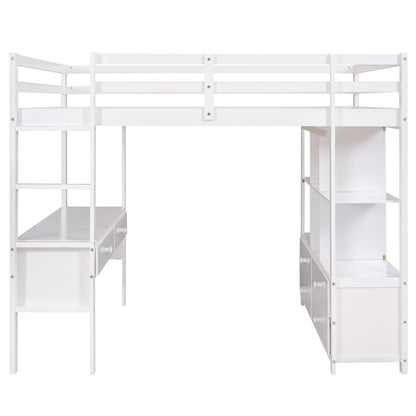 Full Size Loft Bed with Built-in Desk, Two Drawers, and Storage Shelves