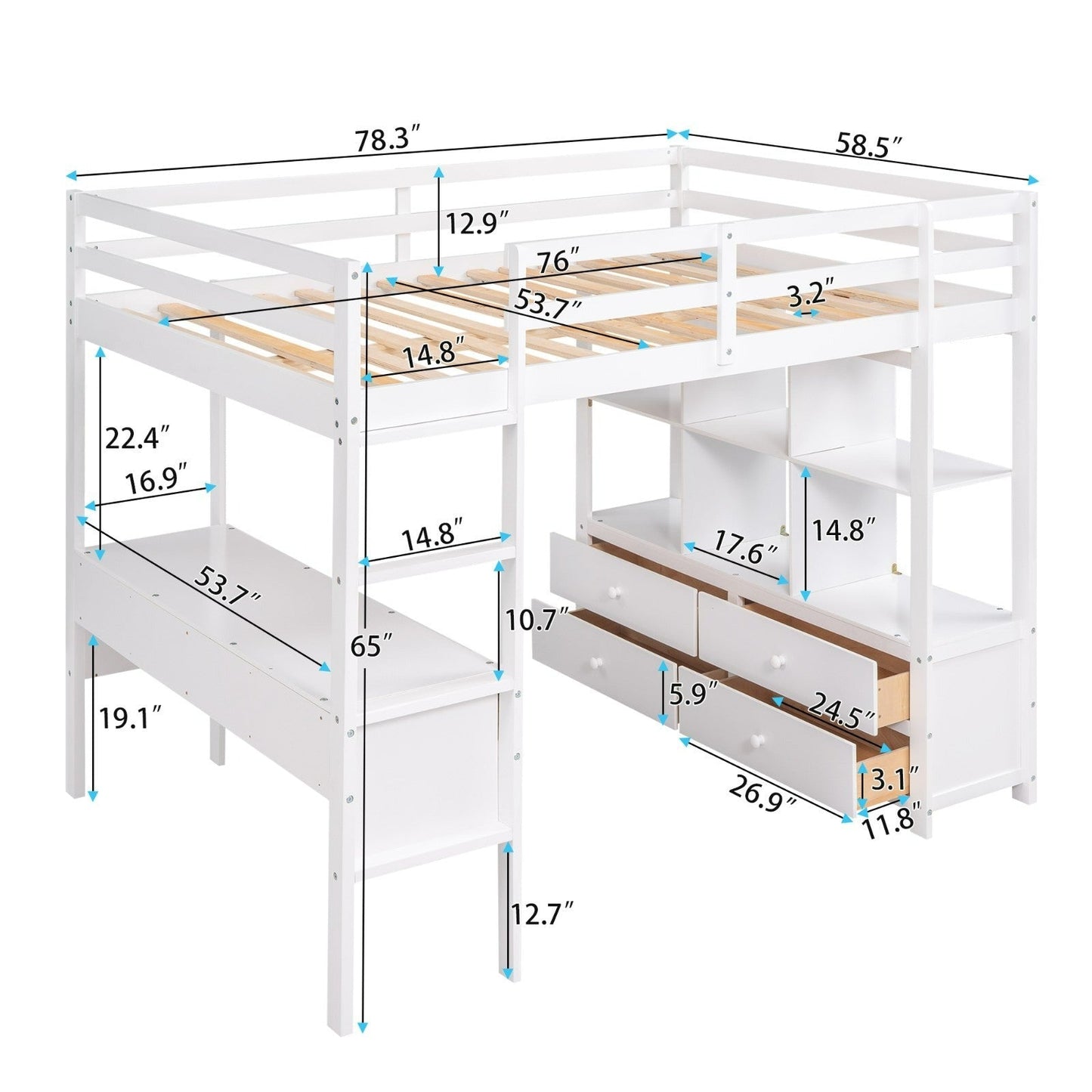 Full Size Loft Bed with Built-in Desk, Two Drawers, and Storage Shelves