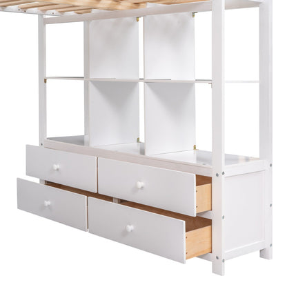 Full Size Loft Bed with Built-in Desk, Two Drawers, and Storage Shelves