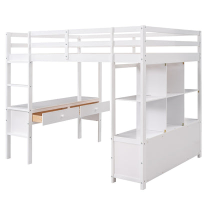 Full Size Loft Bed with Built-in Desk, Two Drawers, and Storage Shelves