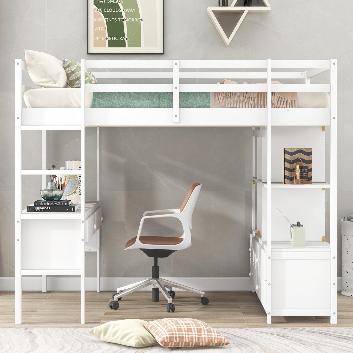 Full Size Loft Bed with Built-in Desk, Two Drawers, and Storage Shelves