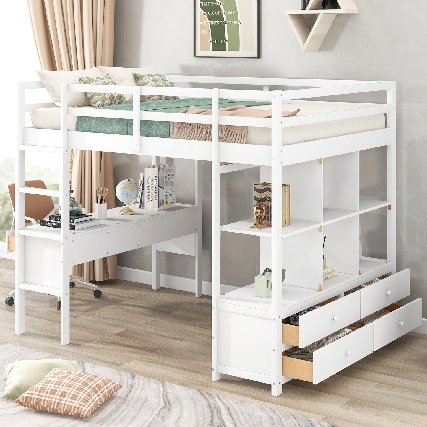 Full Size Loft Bed with Built-in Desk, Two Drawers, and Storage Shelves