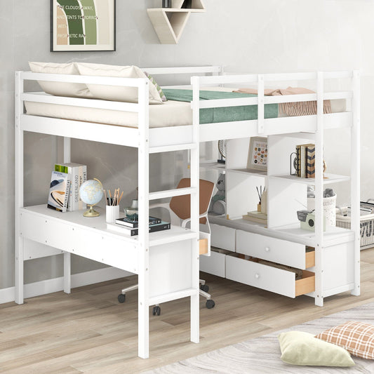 Full Size Loft Bed with Built-in Desk, Two Drawers, and Storage Shelves