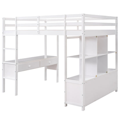 Full Size Loft Bed with Built-in Desk, Two Drawers, and Storage Shelves