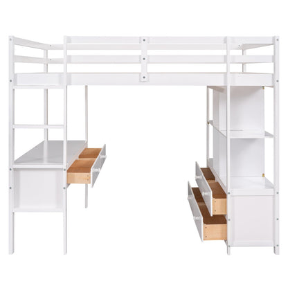 Full Size Loft Bed with Built-in Desk, Two Drawers, and Storage Shelves