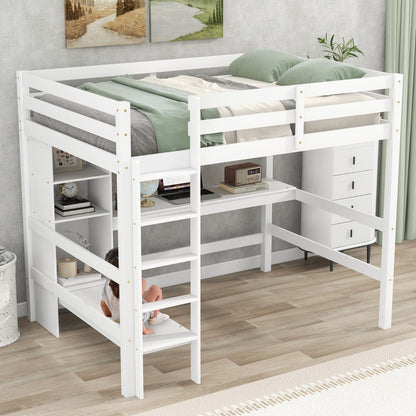 Full Size Loft Bed with Multifunction Shelves and Under-bed Desk