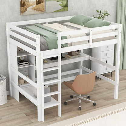 Full Size Loft Bed with Multifunction Shelves and Under-bed Desk