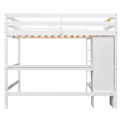 Full Size Loft Bed with Multifunction Shelves and Under-bed Desk