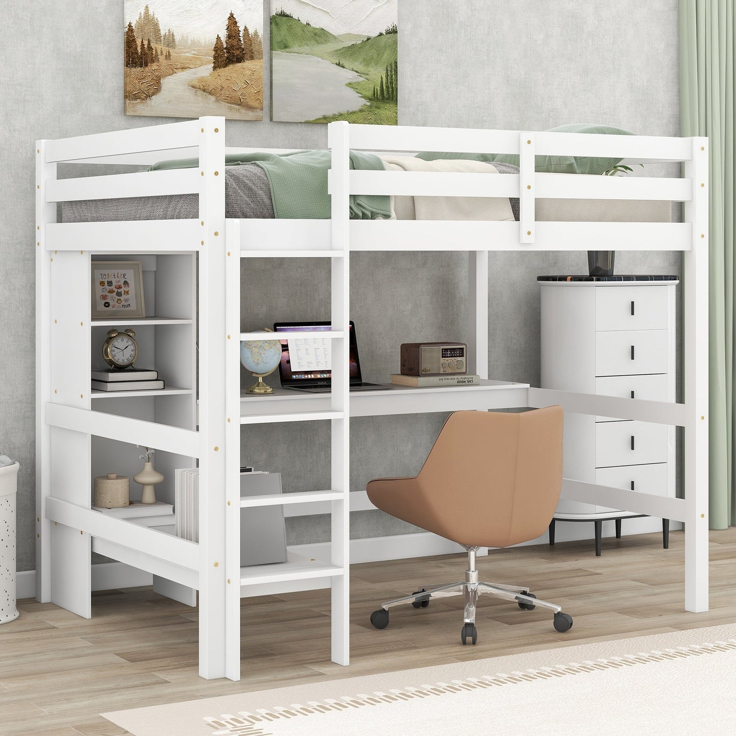 Full Size Loft Bed with Multifunction Shelves and Under-bed Desk