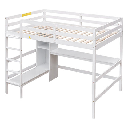 Full Size Loft Bed with Multifunction Shelves and Under-bed Desk