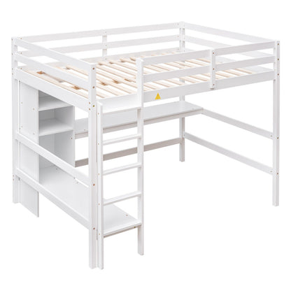 Full Size Loft Bed with Multifunction Shelves and Under-bed Desk