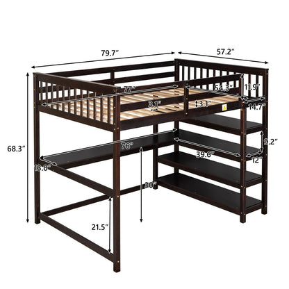 Full Size Loft Bed with Storage Shelves and Under-bed Desk