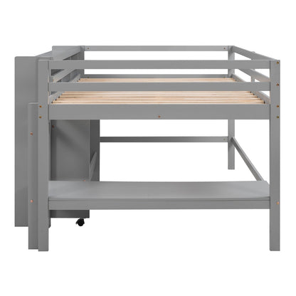 Full Size Low Loft Bed with Rolling Portable Desk Drawers and Shelves