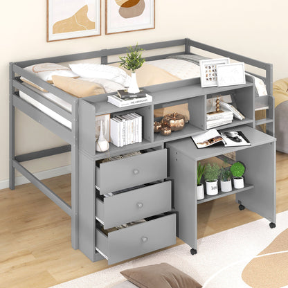 Full Size Low Loft Bed with Rolling Portable Desk Drawers and Shelves