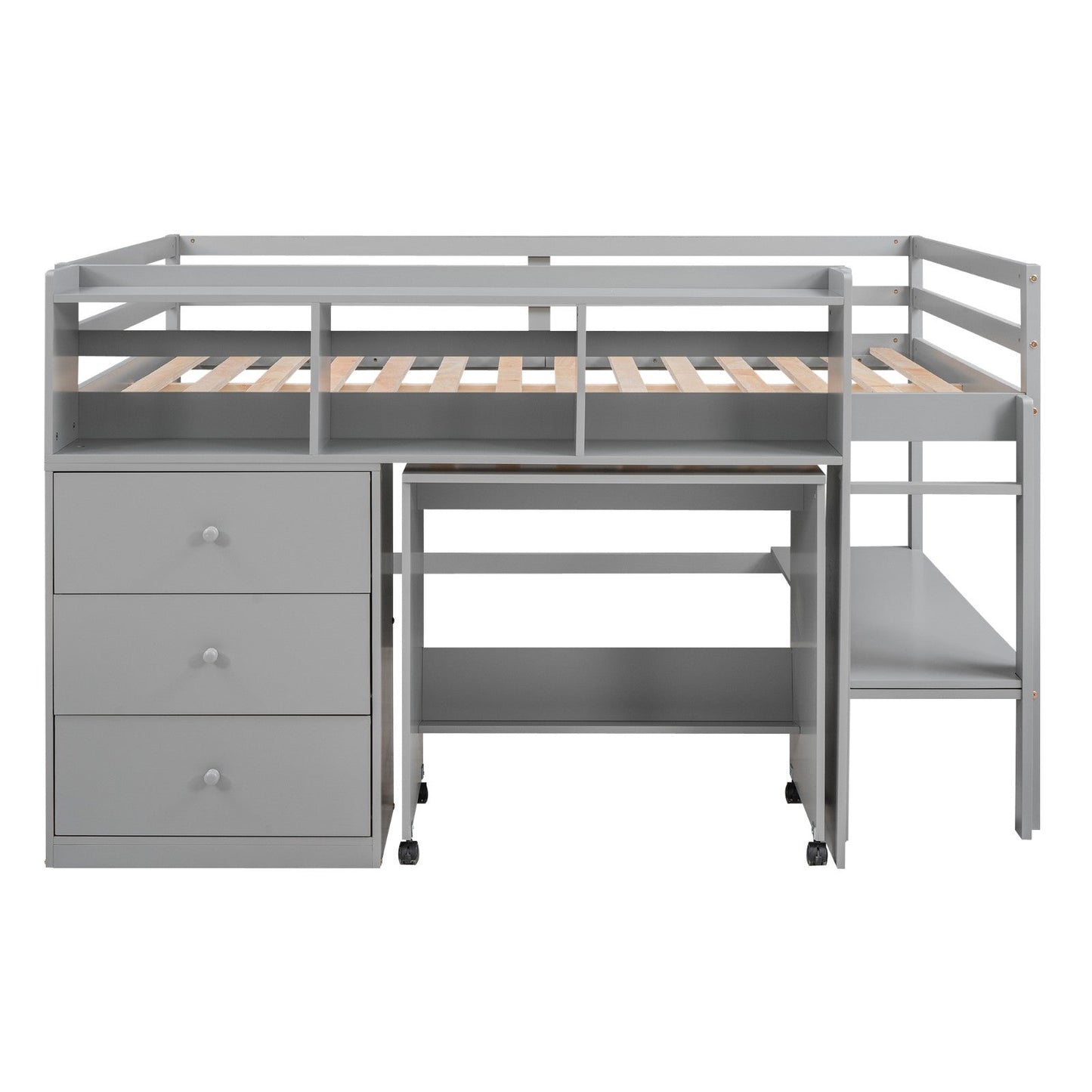 Full Size Low Loft Bed with Rolling Portable Desk Drawers and Shelves