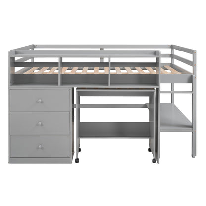 Full Size Low Loft Bed with Rolling Portable Desk Drawers and Shelves