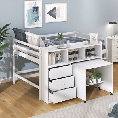 Full Size Low Loft Bed with Rolling Portable Desk Drawers and Shelves