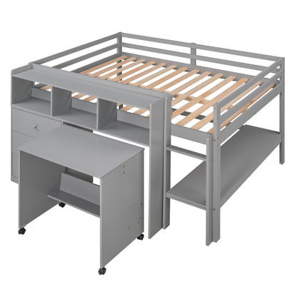 Full Size Low Loft Bed with Rolling Portable Desk Drawers and Shelves