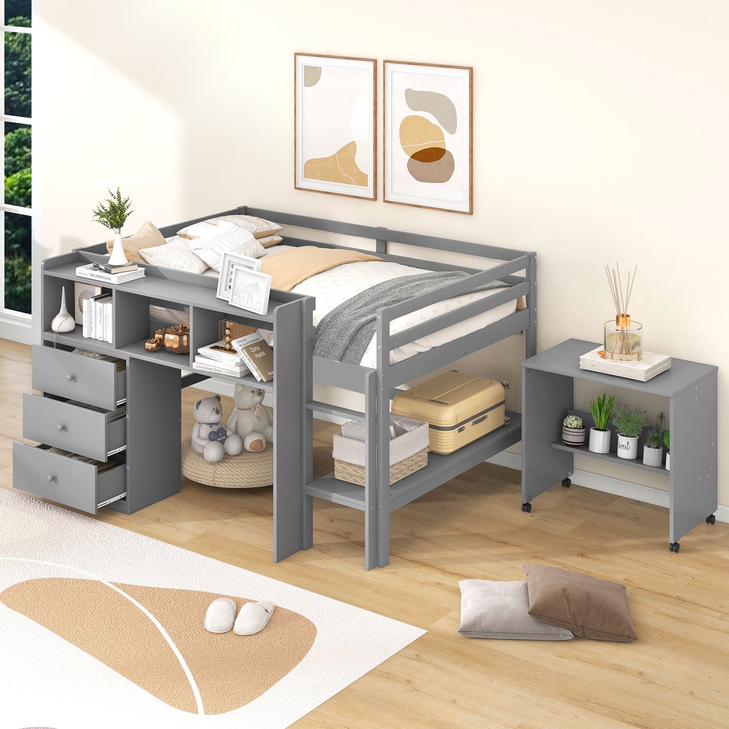 Full Size Low Loft Bed with Rolling Portable Desk Drawers and Shelves