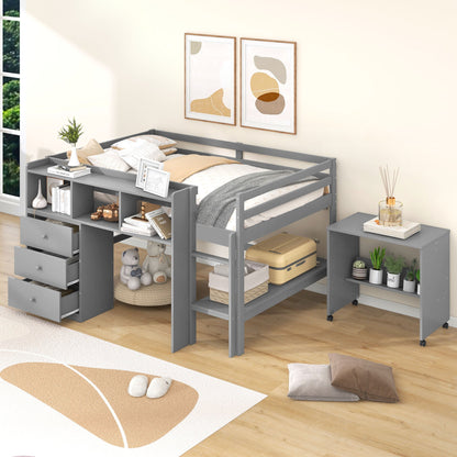 Full Size Low Loft Bed with Rolling Portable Desk Drawers and Shelves