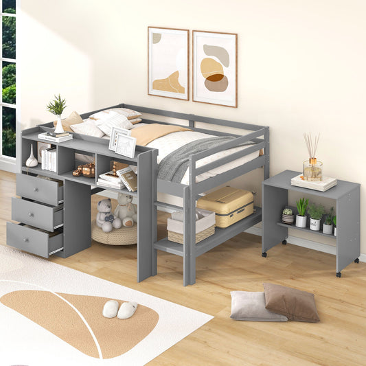 Full Size Low Loft Bed with Rolling Portable Desk Drawers and Shelves