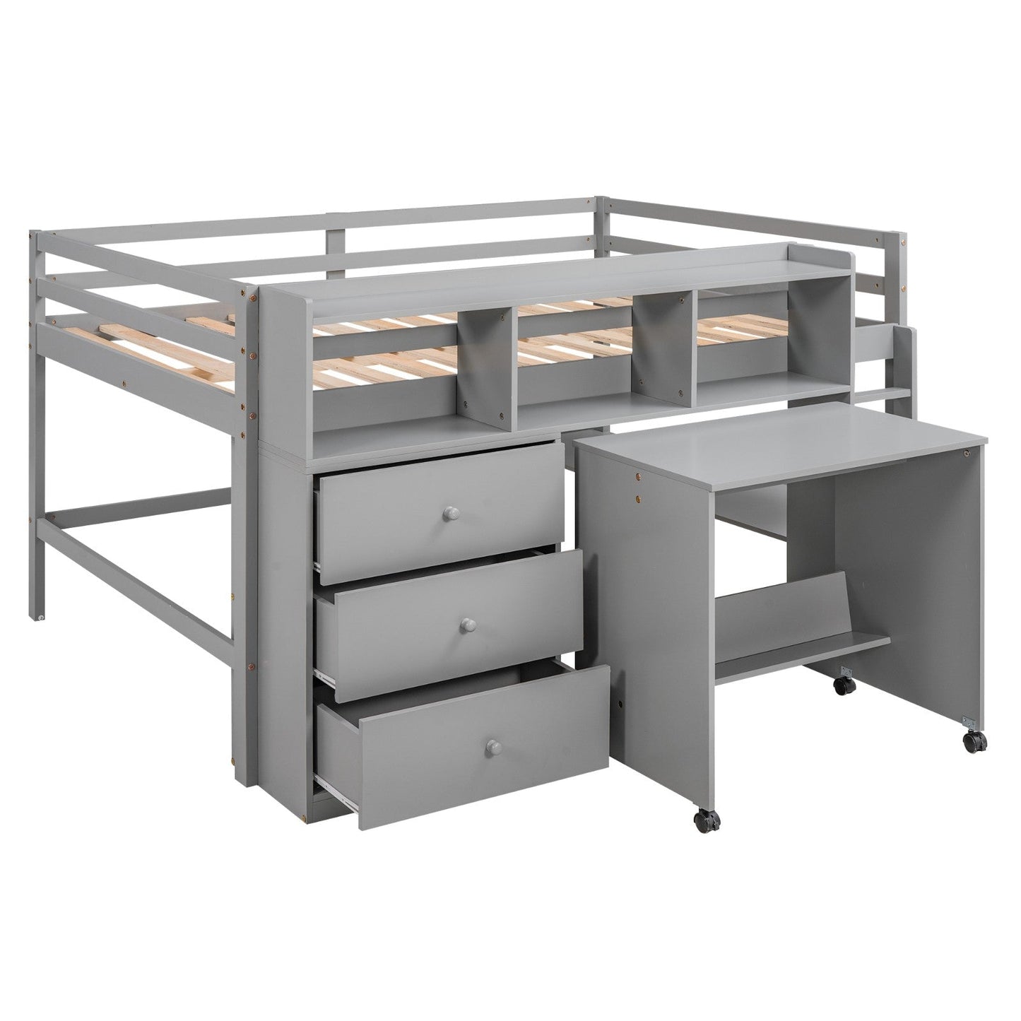 Full Size Low Loft Bed with Rolling Portable Desk Drawers and Shelves