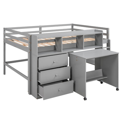 Full Size Low Loft Bed with Rolling Portable Desk Drawers and Shelves