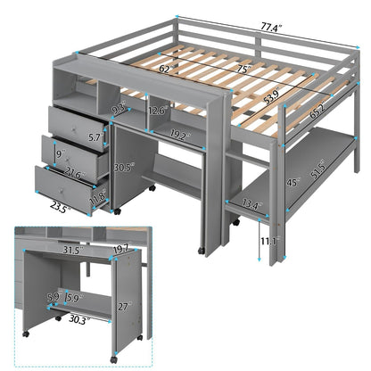 Full Size Low Loft Bed with Rolling Portable Desk Drawers and Shelves