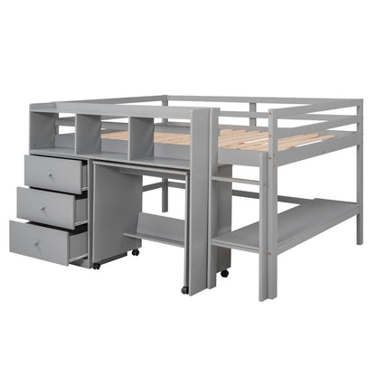 Full Size Low Loft Bed with Rolling Portable Desk Drawers and Shelves