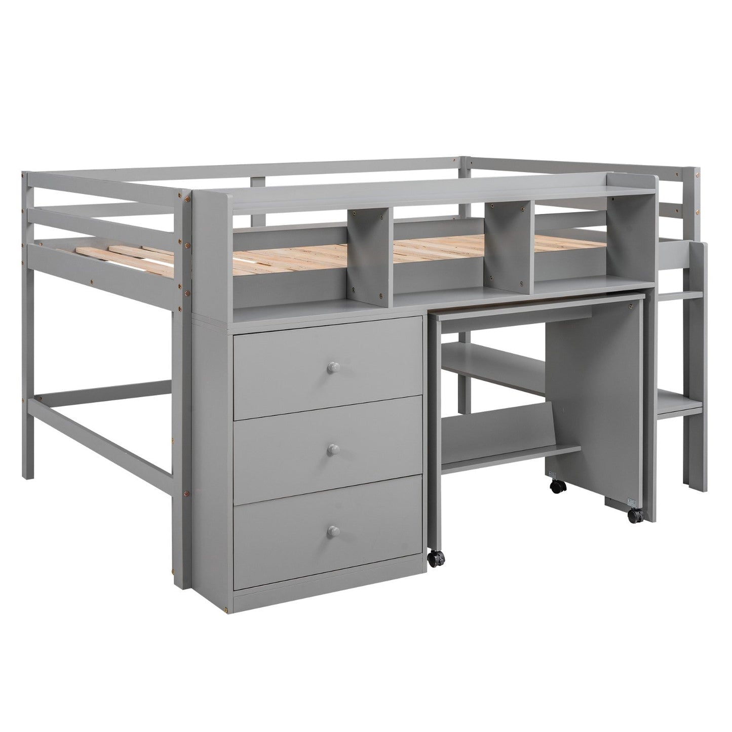 Full Size Low Loft Bed with Rolling Portable Desk Drawers and Shelves - Gear Elevation