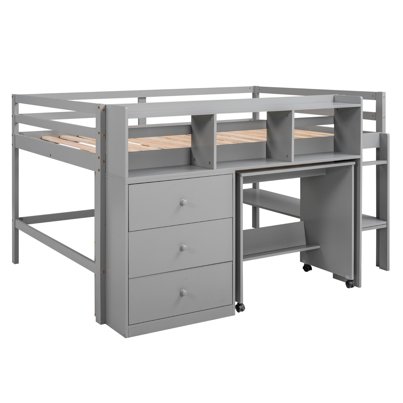 Full Size Low Loft Bed with Rolling Portable Desk Drawers and Shelves - Gear Elevation