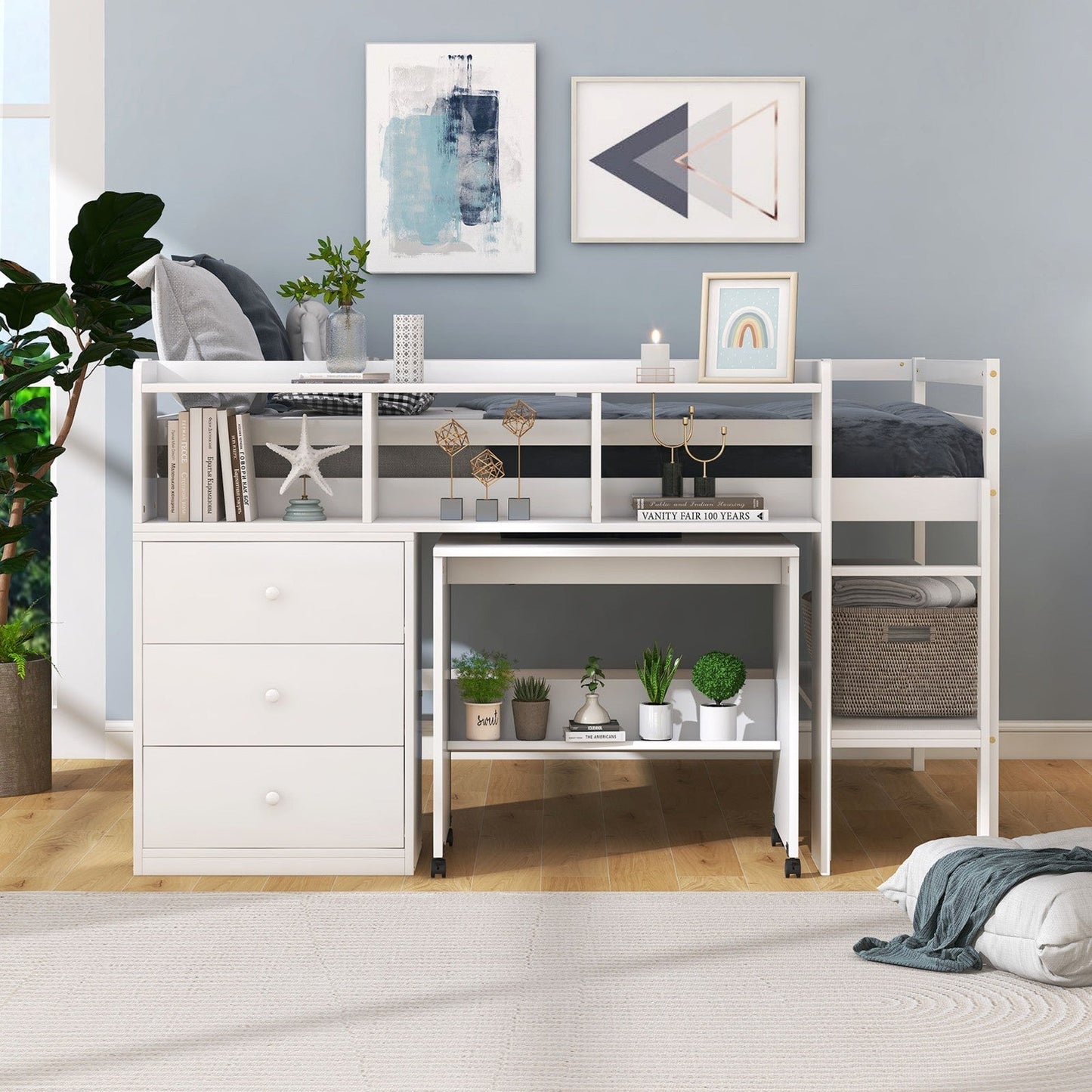 Full Size Low Loft Bed with Rolling Portable Desk Drawers and Shelves