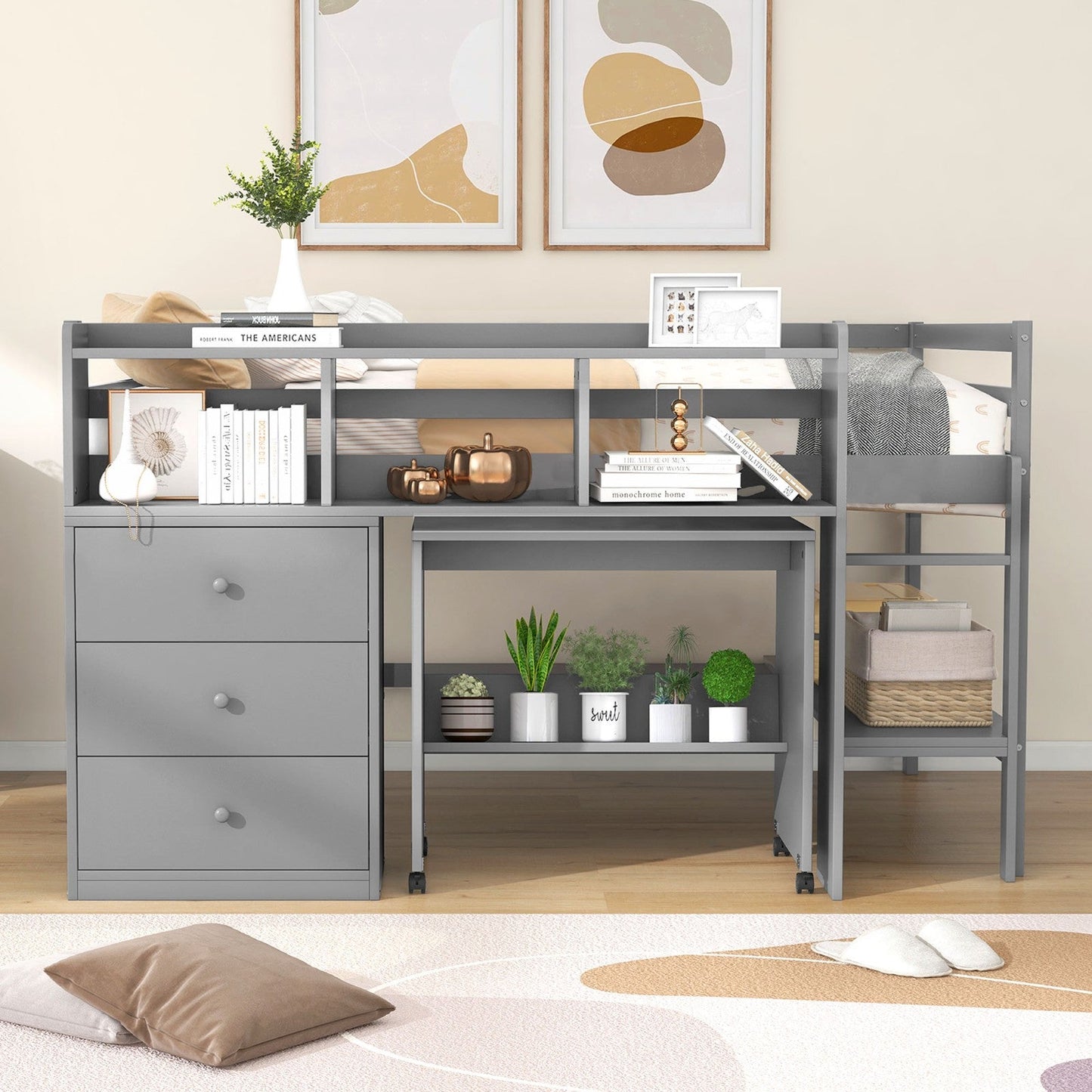 Full Size Low Loft Bed with Rolling Portable Desk Drawers and Shelves