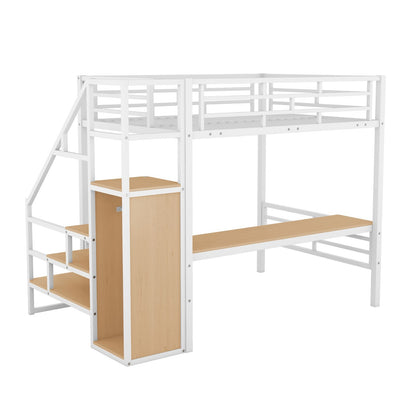 Full Size Metal Loft Bed with Desk Storage Stairs and Small Wardrobe Stairs
