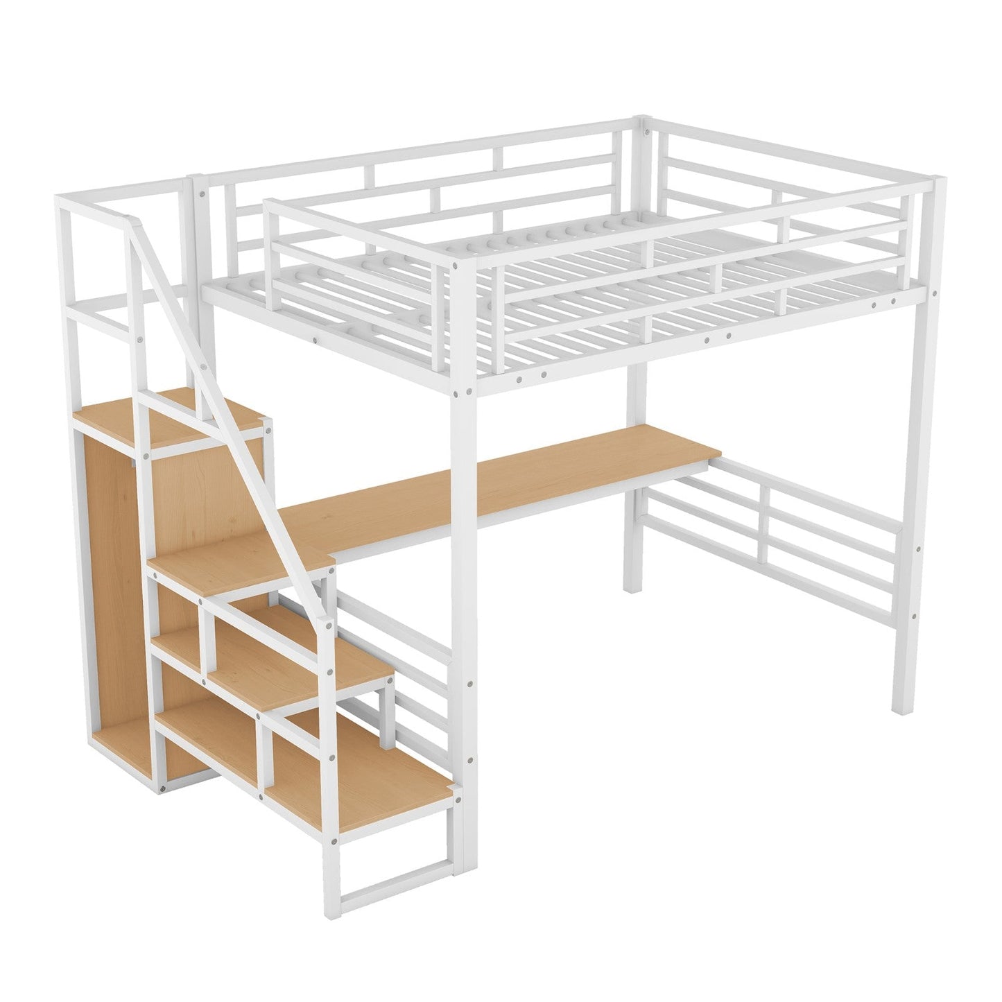 Full Size Metal Loft Bed with Desk Storage Stairs and Small Wardrobe Stairs