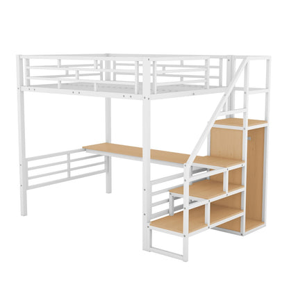 Full Size Metal Loft Bed with Desk Storage Stairs and Small Wardrobe Stairs