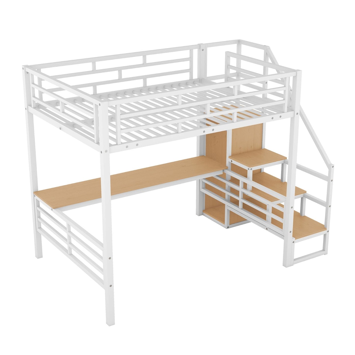 Full Size Metal Loft Bed with Desk Storage Stairs and Small Wardrobe Stairs